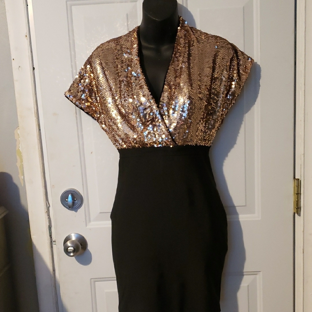 WOW Couture Black Sequin Sheath Dress with Plunge Neckline